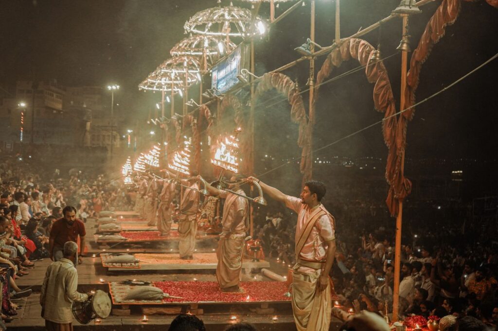 Grand Ganga Aarti During Dev Deepawali Priests performing the grand Ganga Aarti during Dev Deepawali in Varanasi