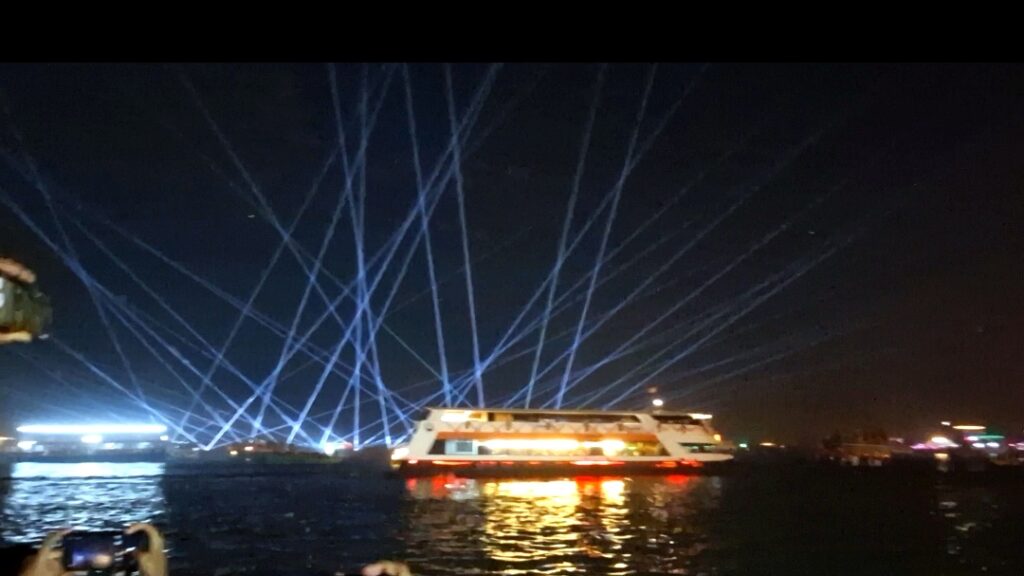 dev-deepawali-light-show Blue illuminated ghats during Dev Deepawali in Varanasi